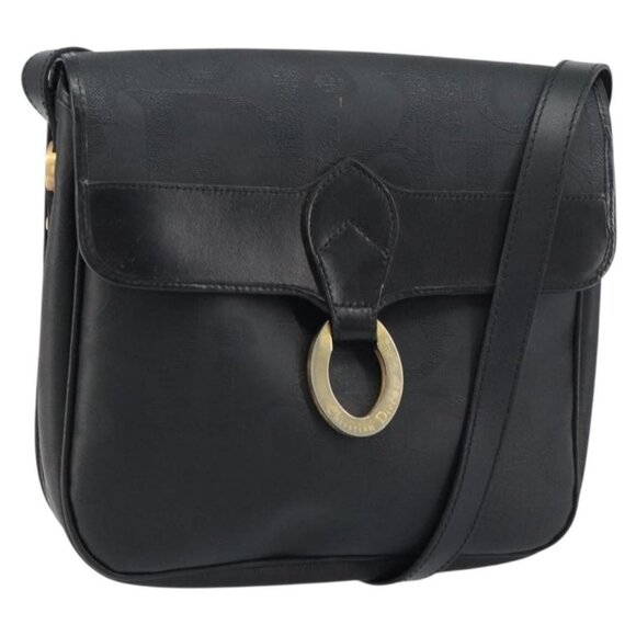 Authentic Christian Dior Trotter Canvas Shoulder Bag PVC Black Gold